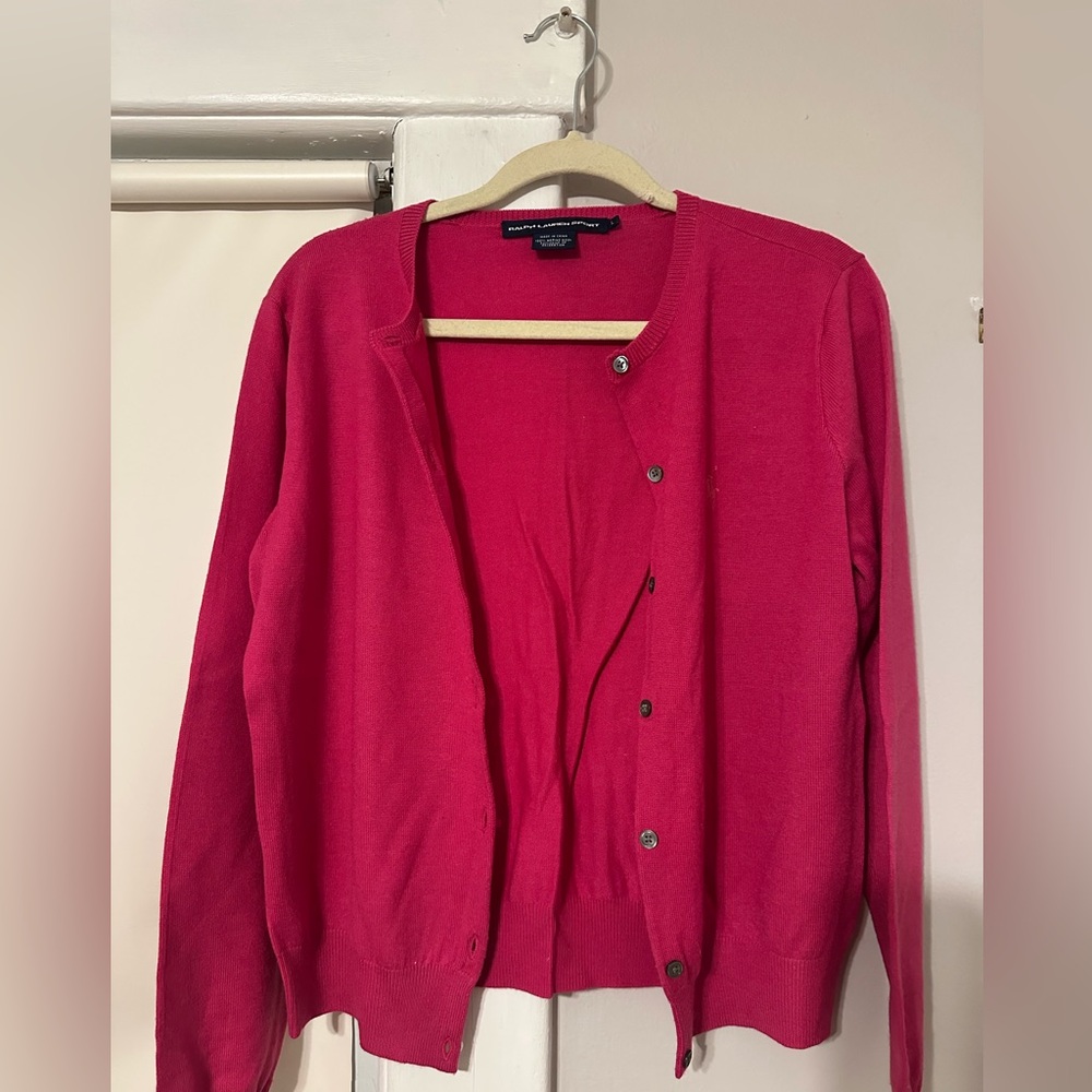 Ralph Lauren Sport 100% Merino Wool Fuchsia Cardigan Sweater